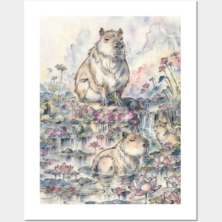 Capybaras rest in lotus pond Posters and Art